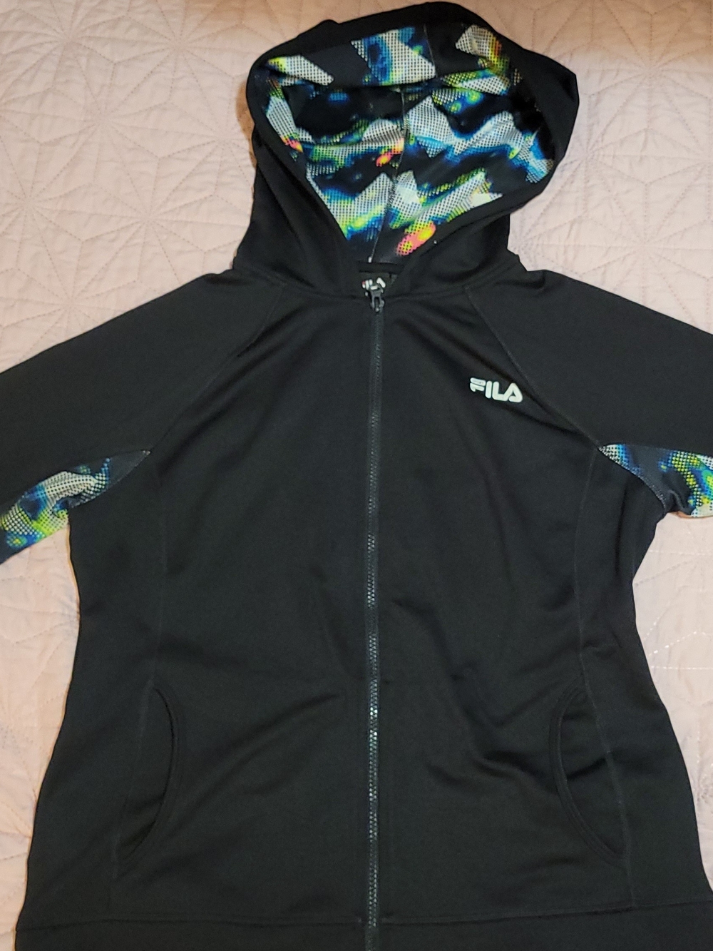 Fila Black Full-Zip Hoodie with Multicolor Hood Lining
